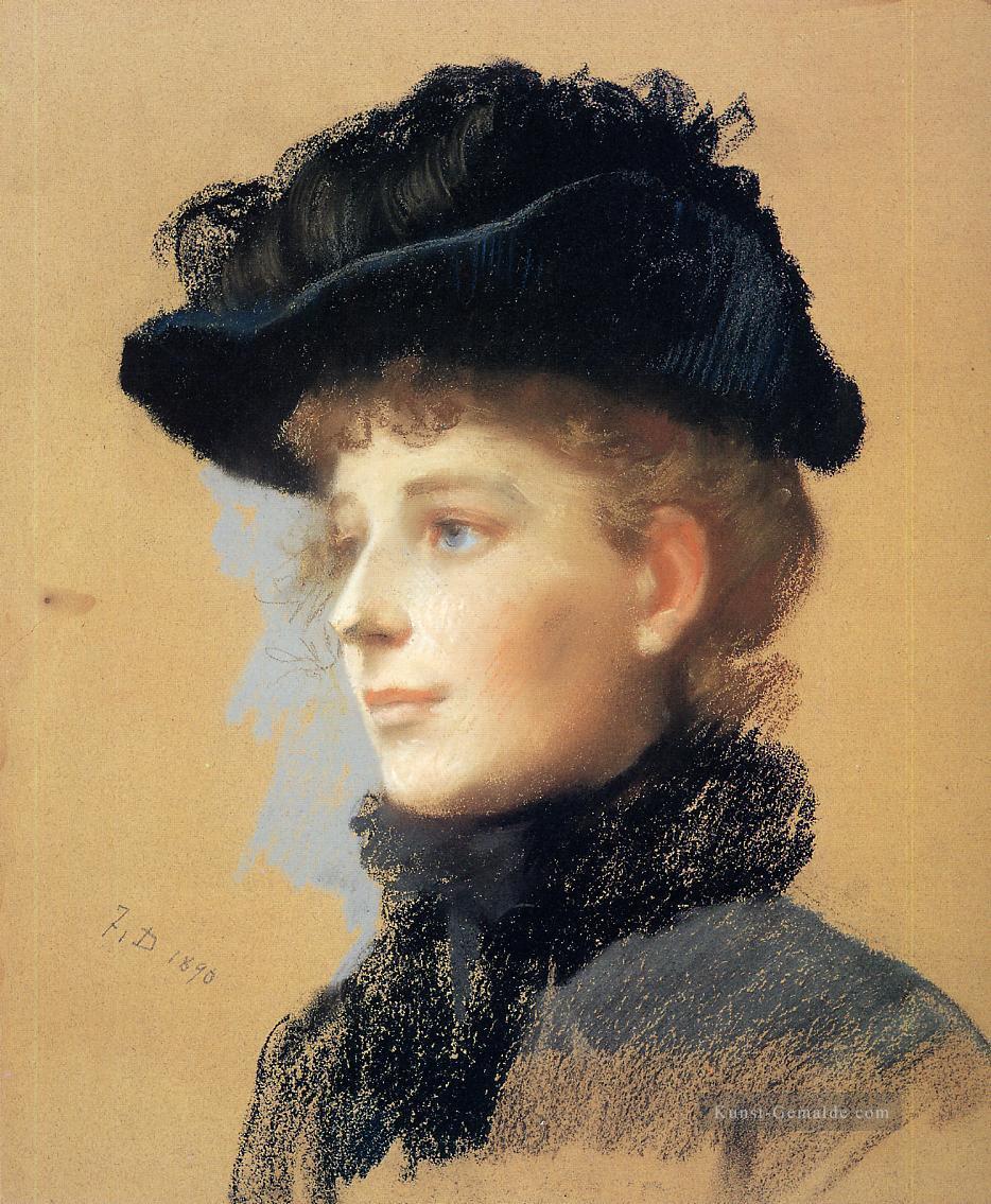 Porträt einer Frau mit schwarzem Hut Porträt Frank Duveneck Ölgemälde